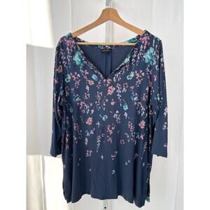 J. Jill Wearever Petite XL PXL Floral Print Split Neck Tunic Top 3/4 Sleeve Blue